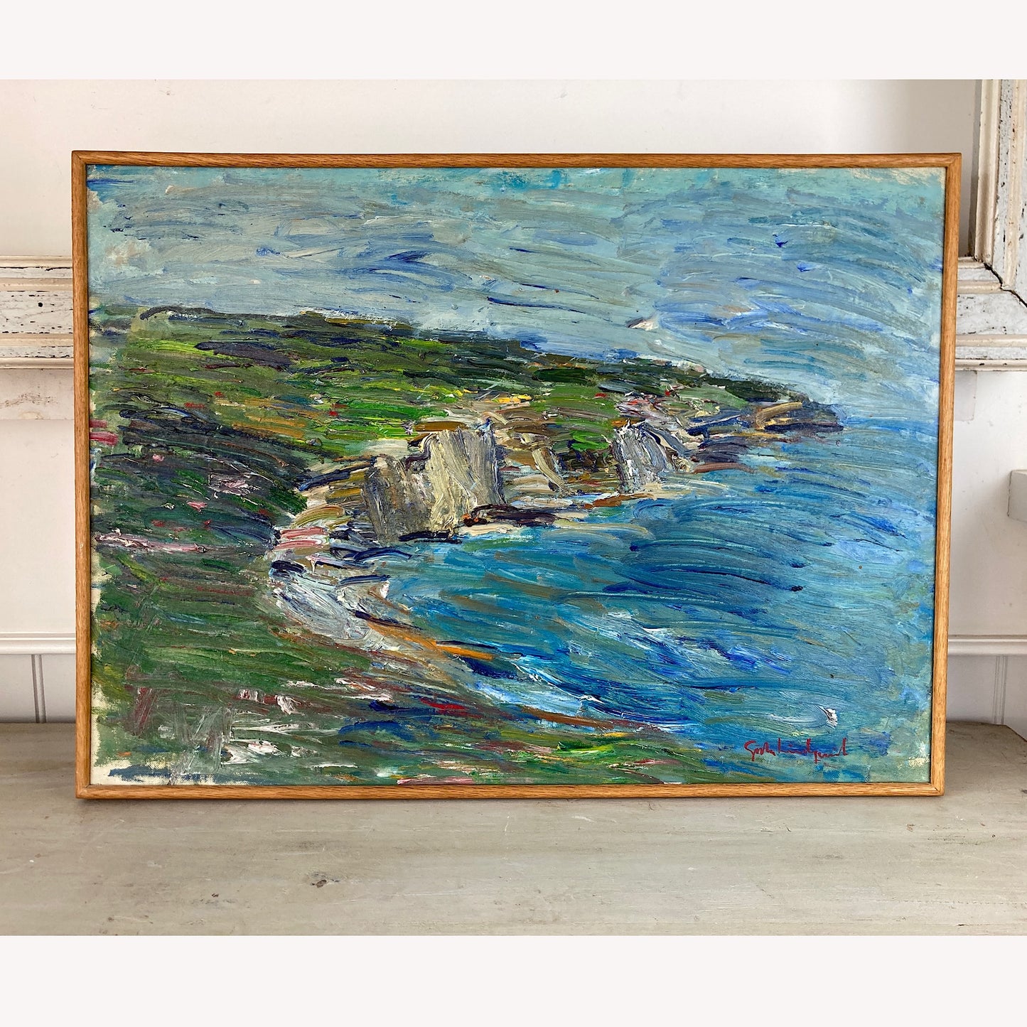 Impressionist Coast - Large Swedish Coastal Landscape of Falaise de Pourville Original Framed Oil Painting in the Scandinavian Modern Style