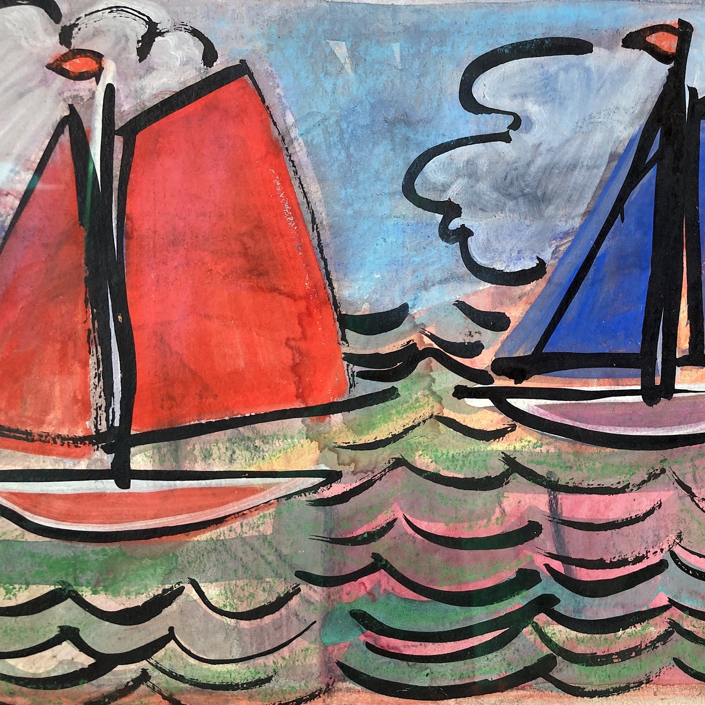 Three Sailboats - French School Mid Century Vintage Original Watercolour and Gouache Framed Painting