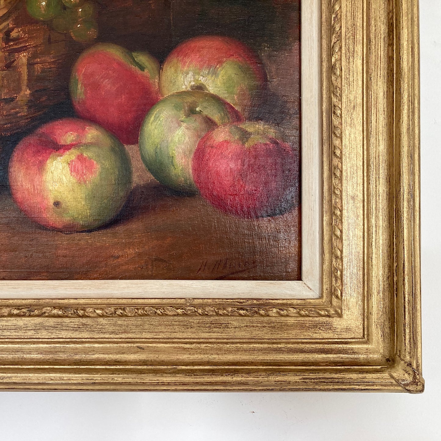 Apples Still Life - A French Original Antique Still Life Oil Painting of Apples and Grapes in a Basket - Framed Original Kitchen Art