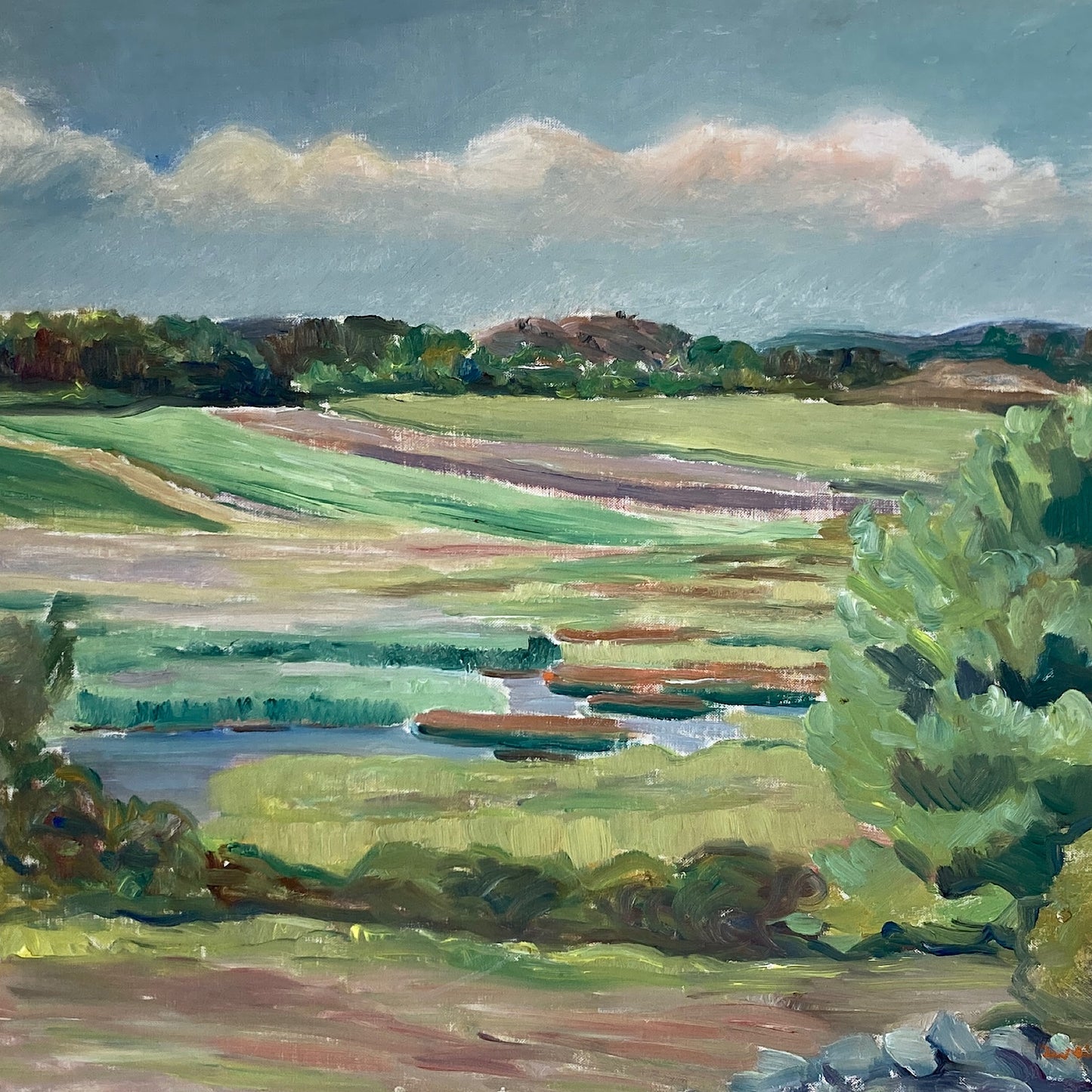 Summer Fields Landscape - Large Vintage Scandinavian Original Oil on Board Painting Dated 1939