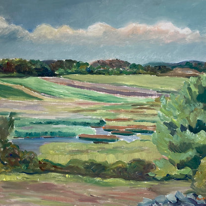 Summer Fields Landscape - Large Vintage Scandinavian Original Oil on Board Painting Dated 1939