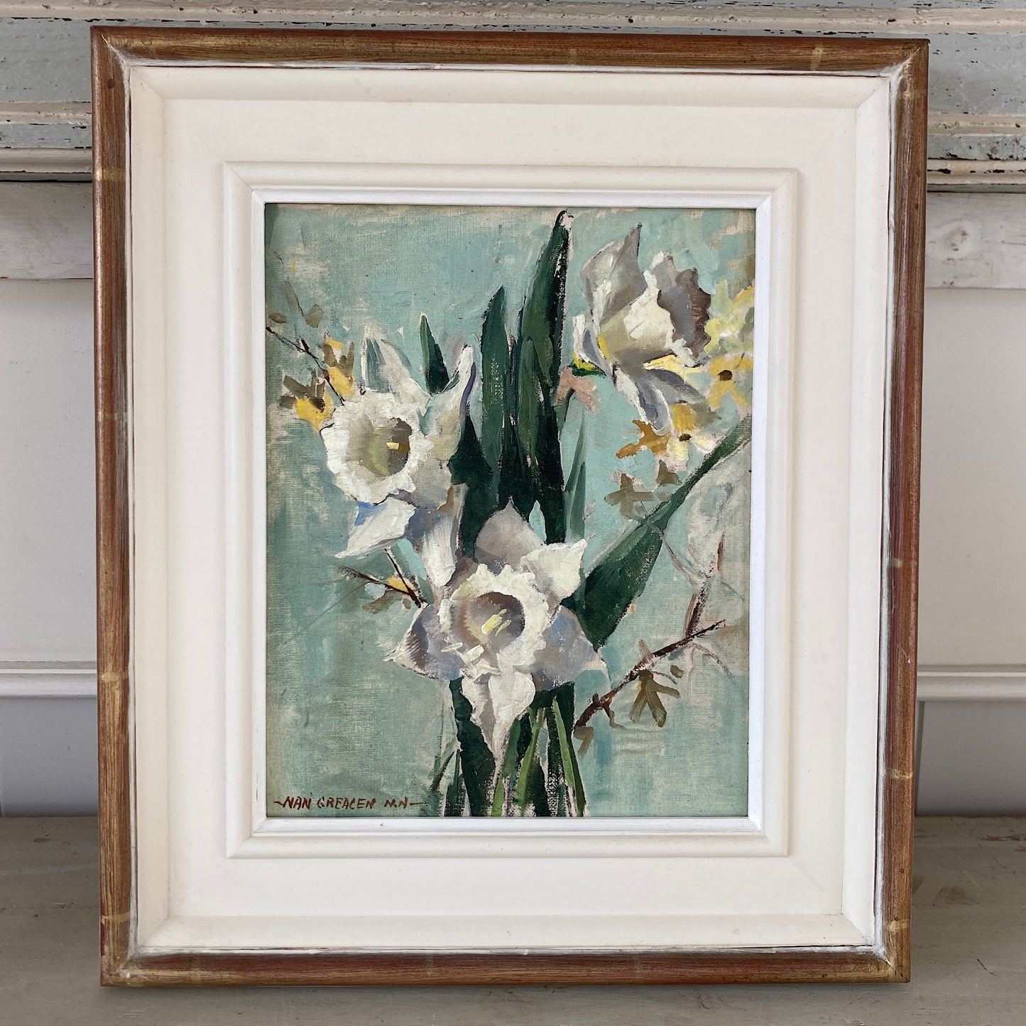 A Pair of Floral Still Life Paintings by Nan Greacen born Giverny 1908 - Impressionist Roses and Daffodils Oil on Canvas Framed Paintings