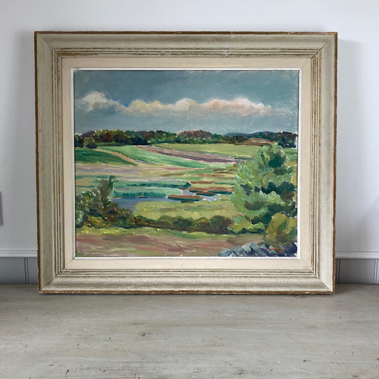 Summer Fields Landscape - Large Vintage Scandinavian Original Oil on Board Painting Dated 1939