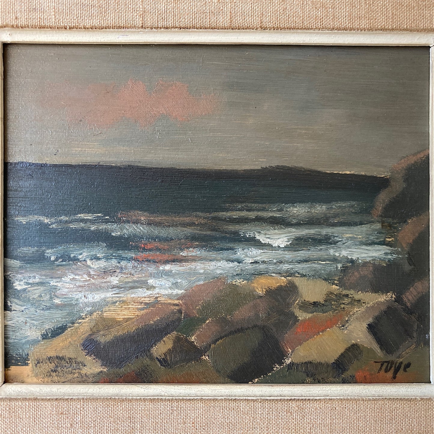 Evening Coast - Vintage Scandinavian Mid Century Oil on Board Framed Painting of Waves on Rocks under an Evening Sky