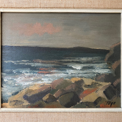 Evening Coast - Vintage Scandinavian Mid Century Oil on Board Framed Painting of Waves on Rocks under an Evening Sky
