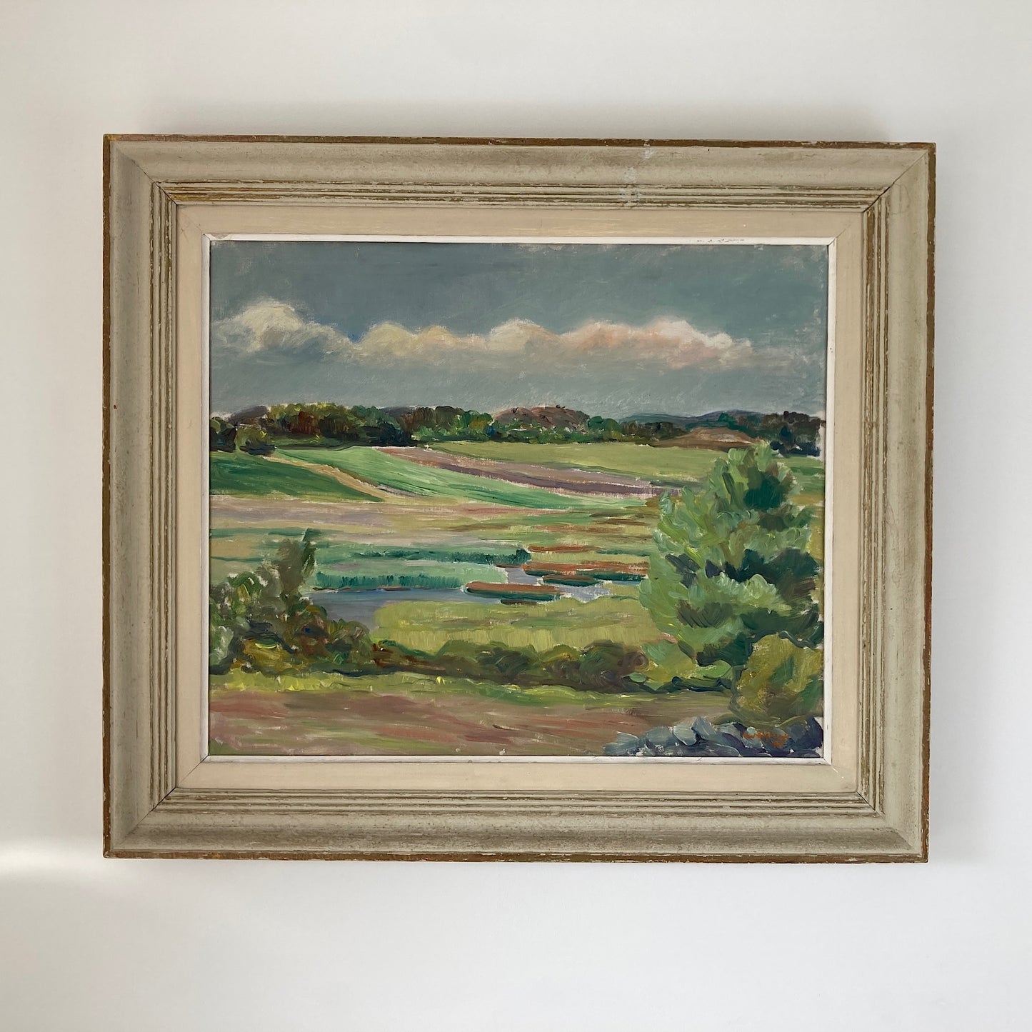 Summer Fields Landscape - Large Vintage Scandinavian Original Oil on Board Painting Dated 1939