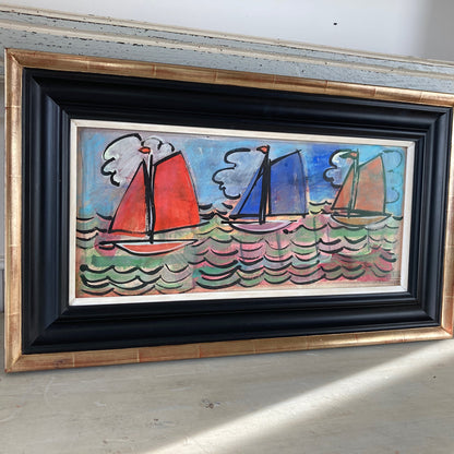 Three Sailboats - French School Mid Century Vintage Original Watercolour and Gouache Framed Painting