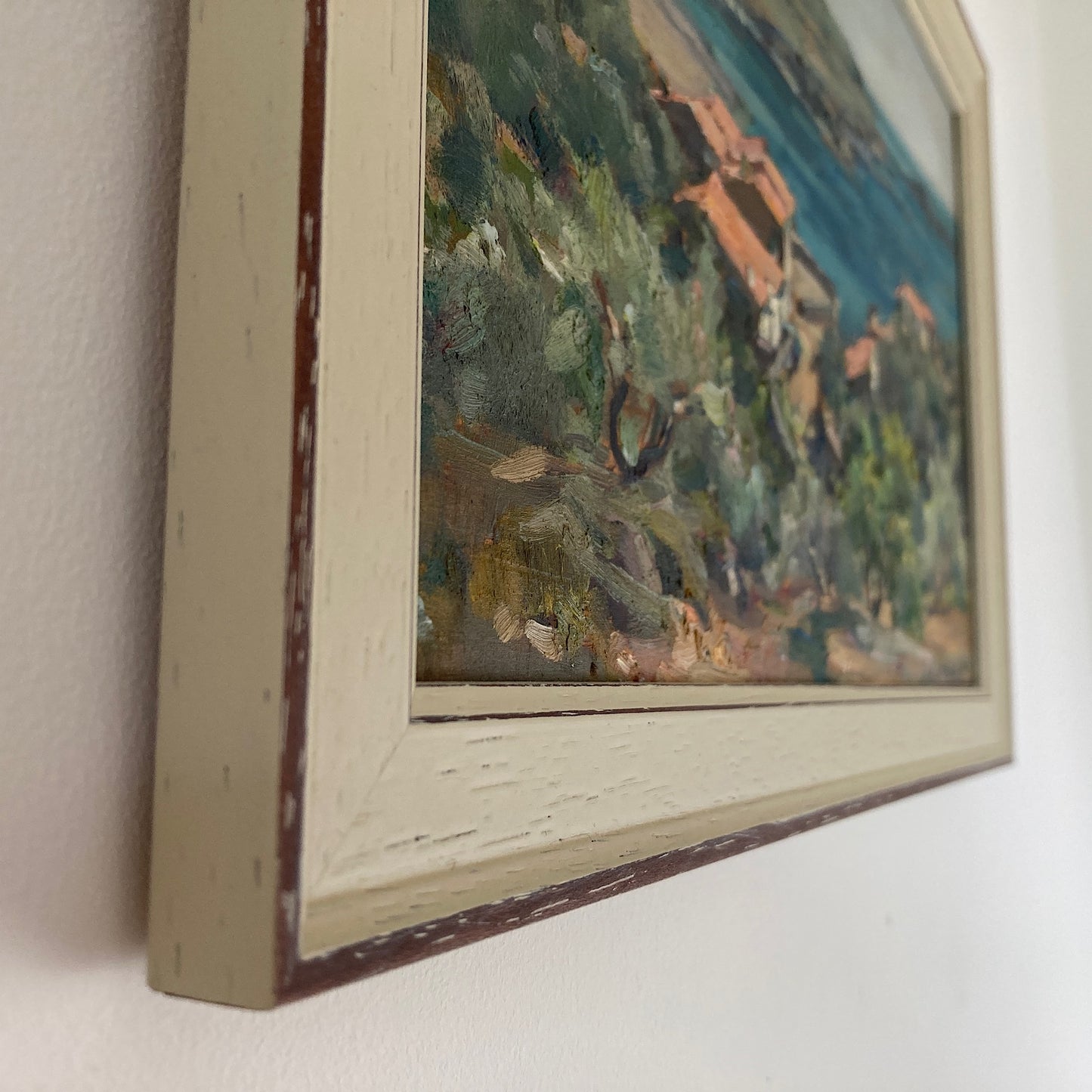 Mediterranean View - Small Original Vintage Spanish Oil Painting of a Bay