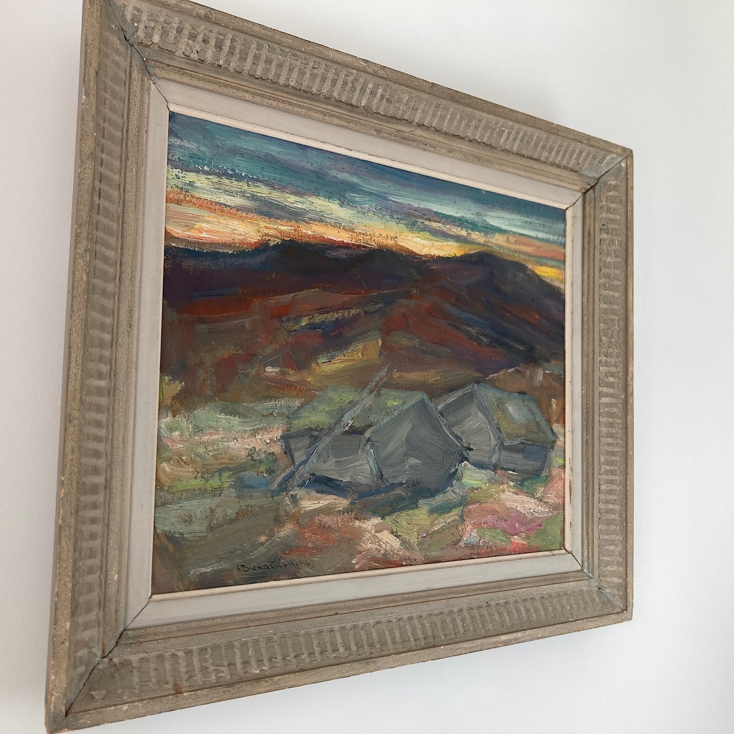 Shepherds Huts - Medium Vintage Mid Century Modern Scandinavian Original Oil Painting