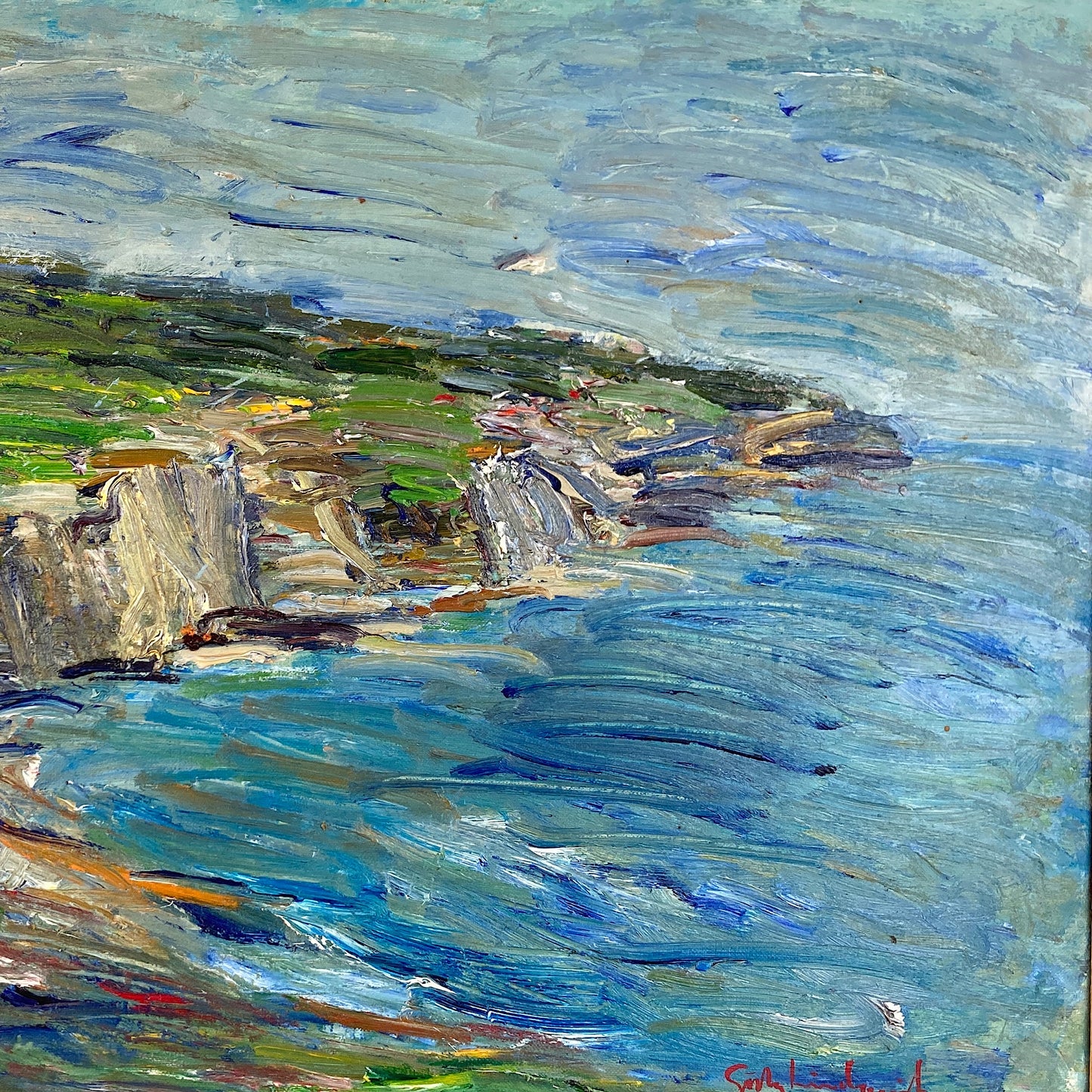 Impressionist Coast - Large Swedish Coastal Landscape of Falaise de Pourville Original Framed Oil Painting in the Scandinavian Modern Style