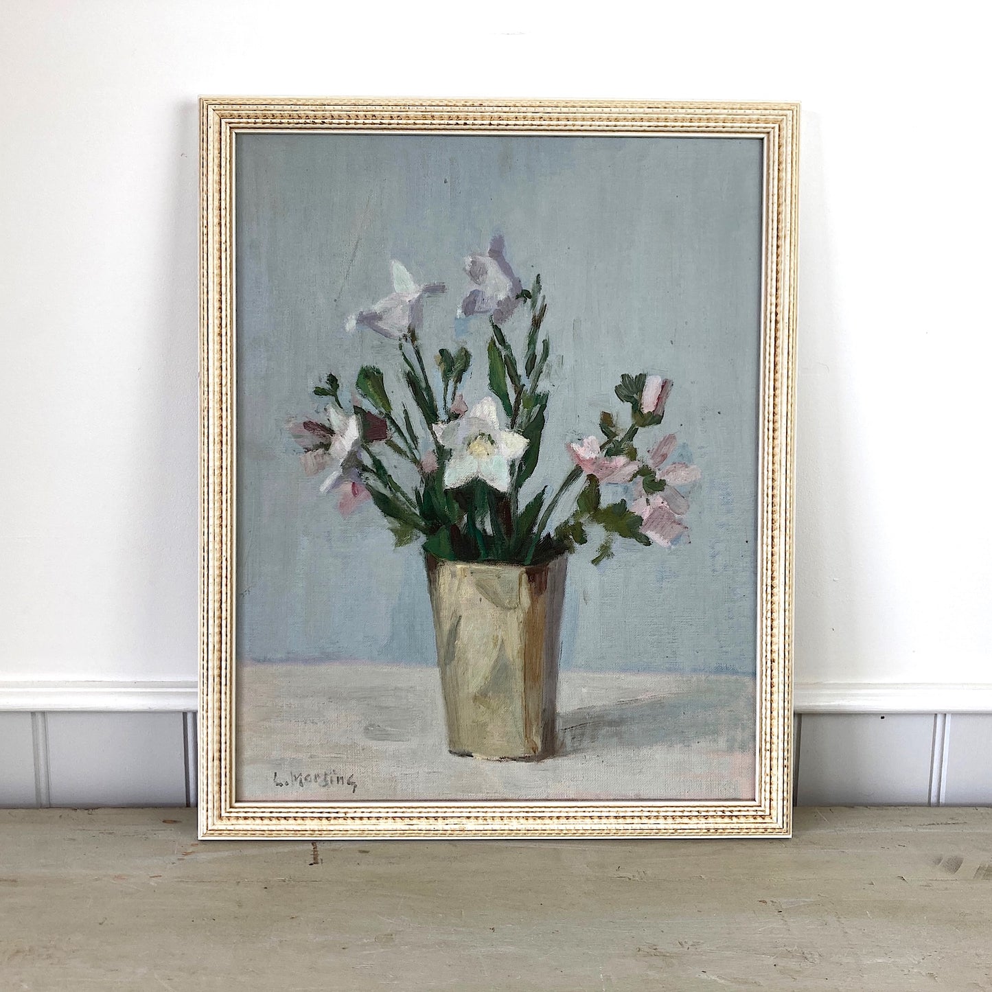 Campanula Flowers - Vintage Mid Century Modern Scandinavian Original Oil Painting by Leopold Morsing