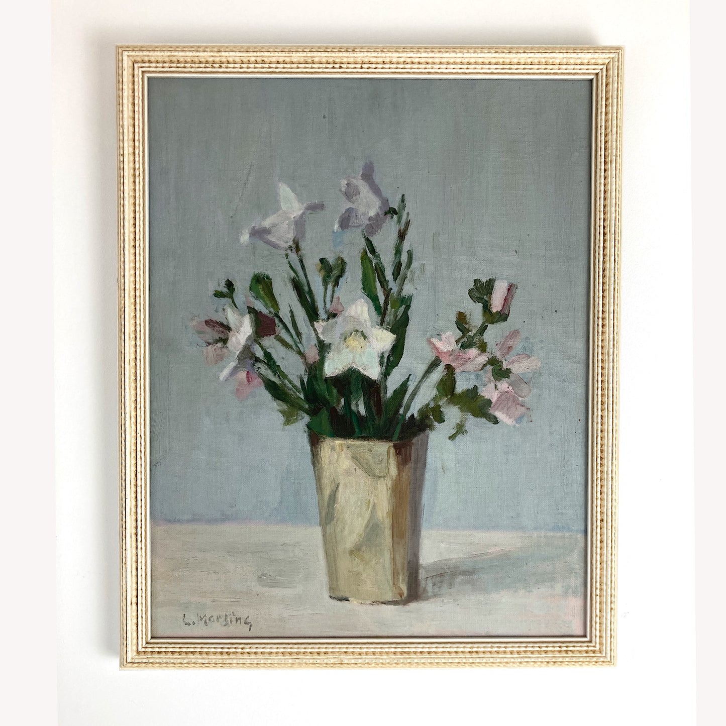Campanula Flowers - Vintage Mid Century Modern Scandinavian Original Oil Painting by Leopold Morsing