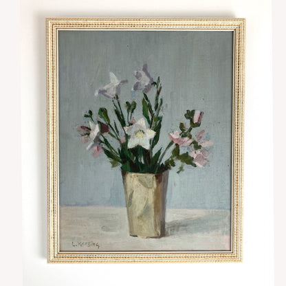 Campanula Flowers - Vintage Mid Century Modern Scandinavian Original Oil Painting by Leopold Morsing