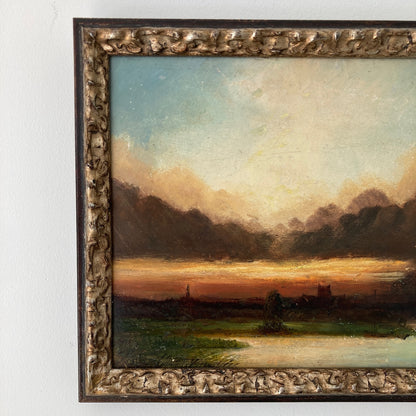 Twilight - Small Antique British Original Oil Painting of Worcester Cathedral