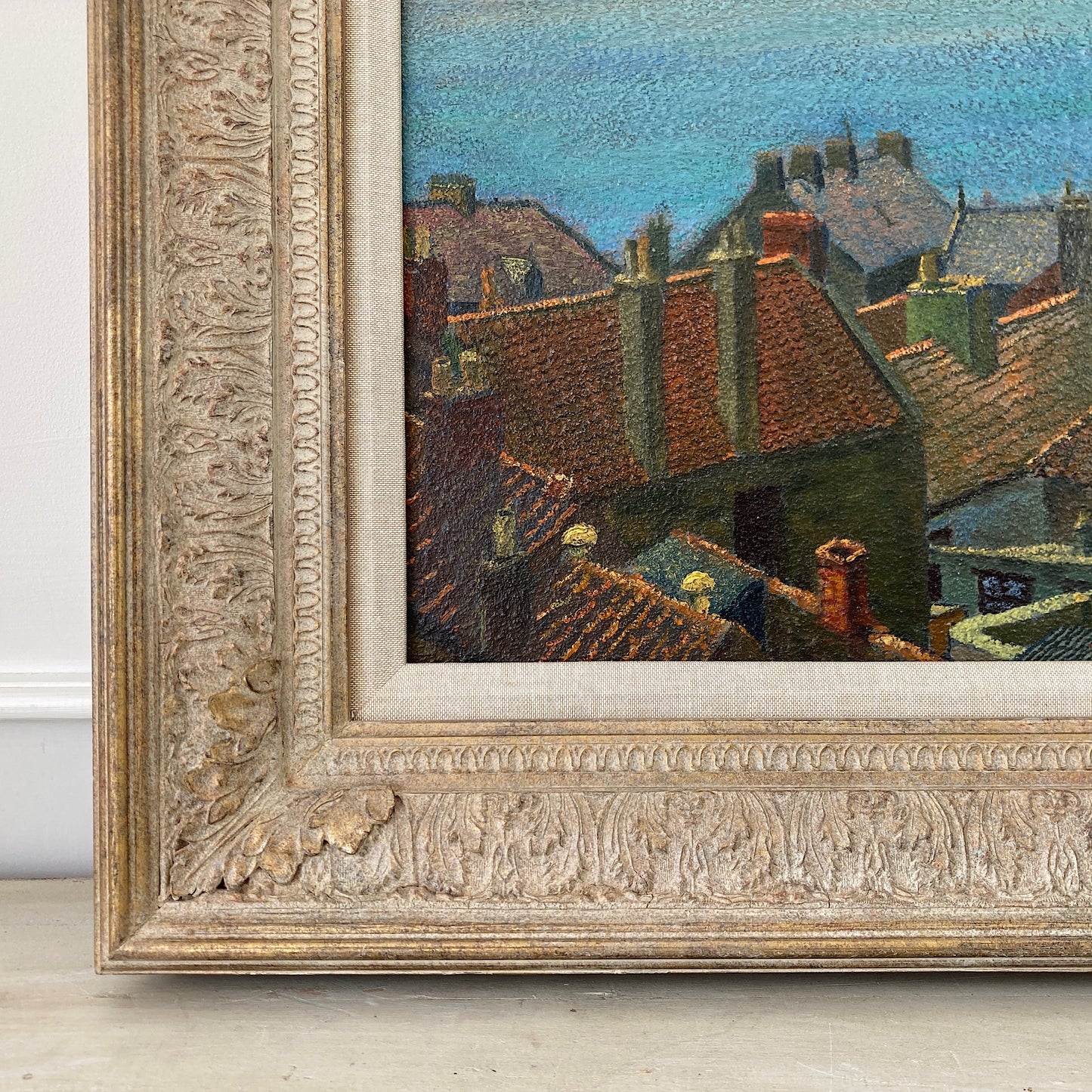 Rooftops to the Sea – British Vintage Oil on Board Framed Painting