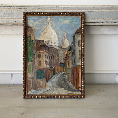Small Vintage Paris Painting - Original Oil on Board Original Painting of a Paris Street in Monmartre with the Sacre Coeur