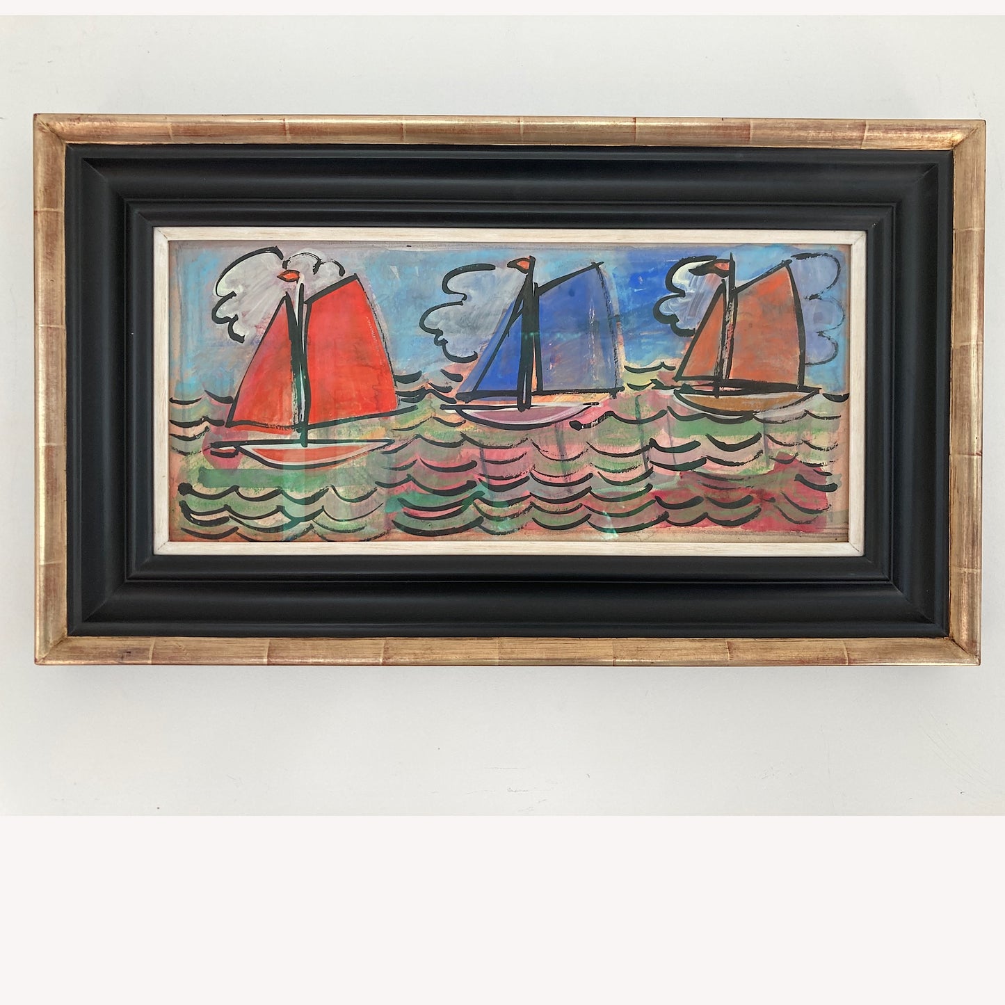 Three Sailboats - French School Mid Century Vintage Original Watercolour and Gouache Framed Painting