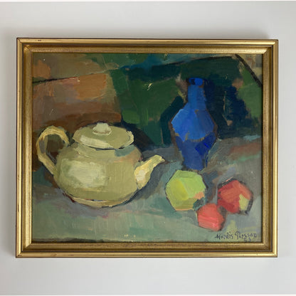 The Studio Table - Vintage Mid Century Modern Scandinavian Original Oil Painting