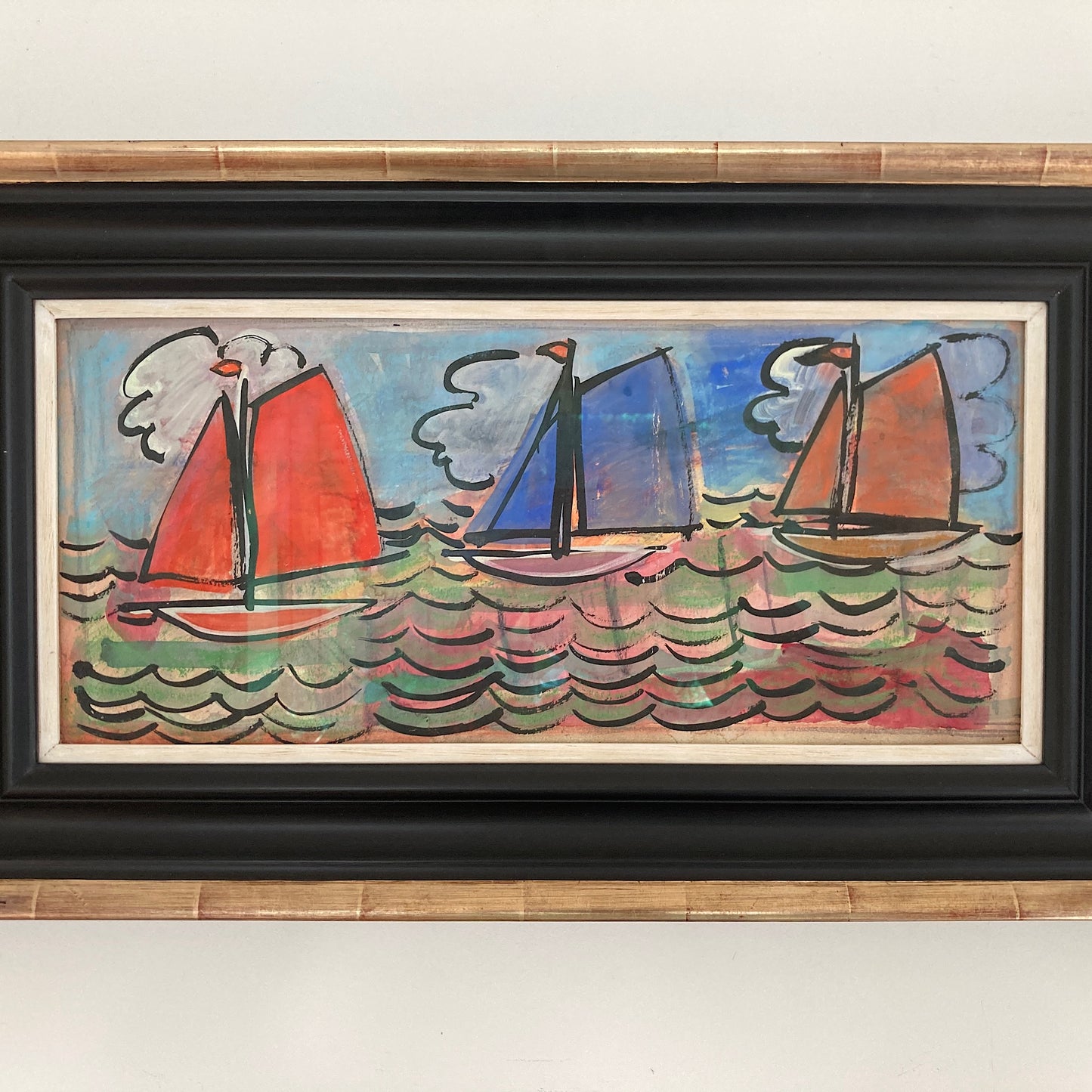 Three Sailboats - French School Mid Century Vintage Original Watercolour and Gouache Framed Painting