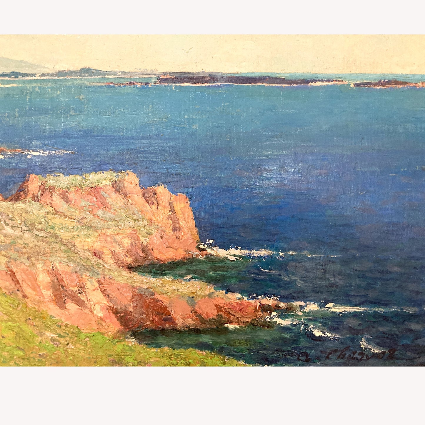 Cote d’Azure - Vintage Oil on Canvas Board Coastline Painting of the Cote d’Azure France Dated 1957