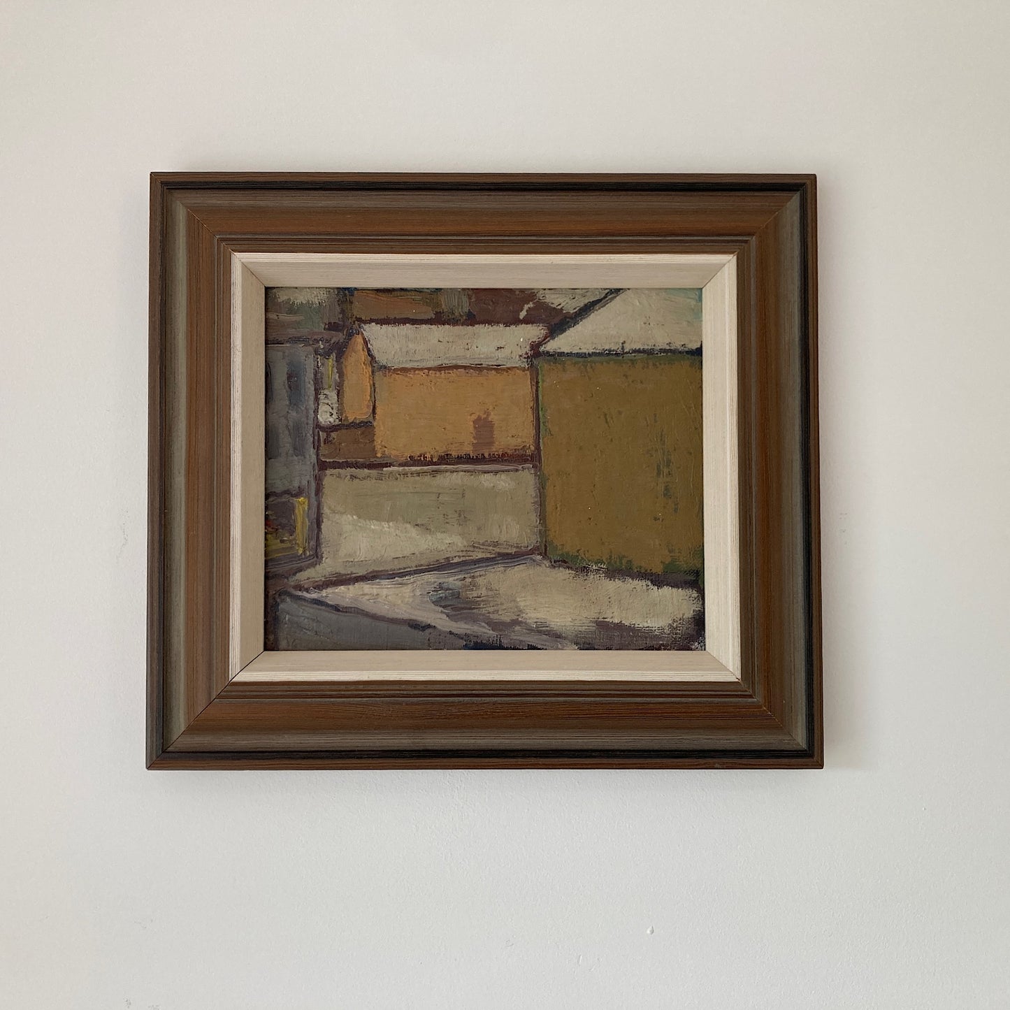 Mid Century Scandinavian Street View Oil Painting – Original Vintage Art