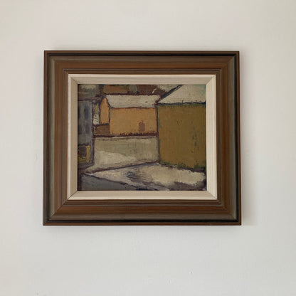 Mid Century Scandinavian Street View Oil Painting – Original Vintage Art