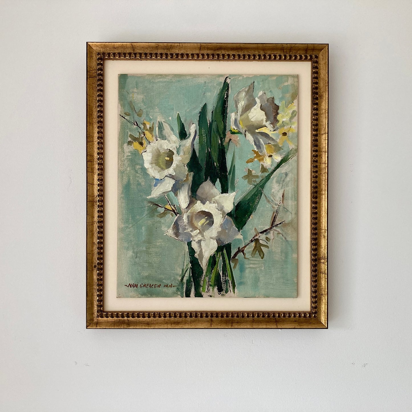 Daffodils Oil Painting – Nan Greacen Impressionist Floral Still Life, Framed Canvas