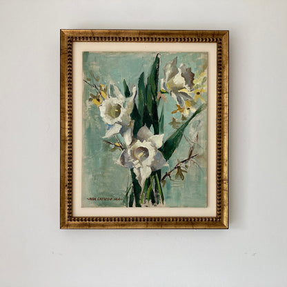Daffodils Oil Painting – Nan Greacen Impressionist Floral Still Life, Framed Canvas