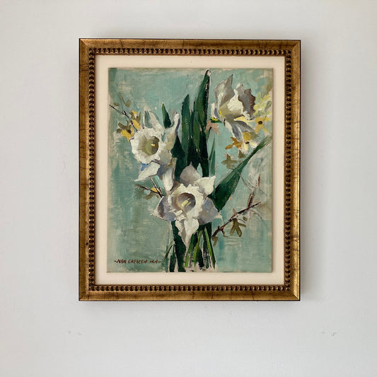 Daffodils Oil Painting – Nan Greacen Impressionist Floral Still Life, Framed Canvas