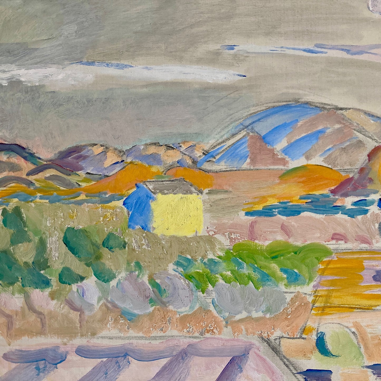 Spanish Landscape - Large Vintage Mid Century Expressionist Mediterranean Landscape Framed Oil on Canvas