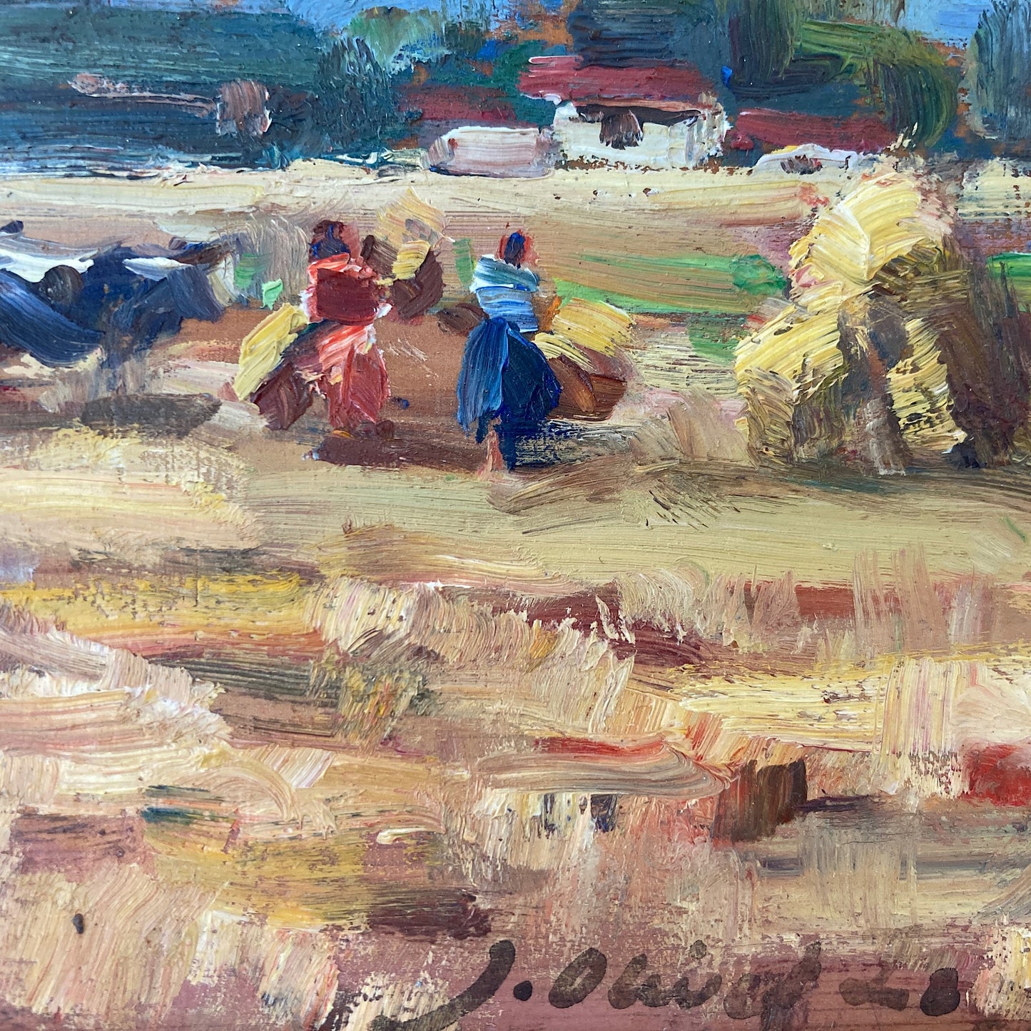 Harvest Time - Small Original Vintage Spanish Oil Painting of a Golden Landscape