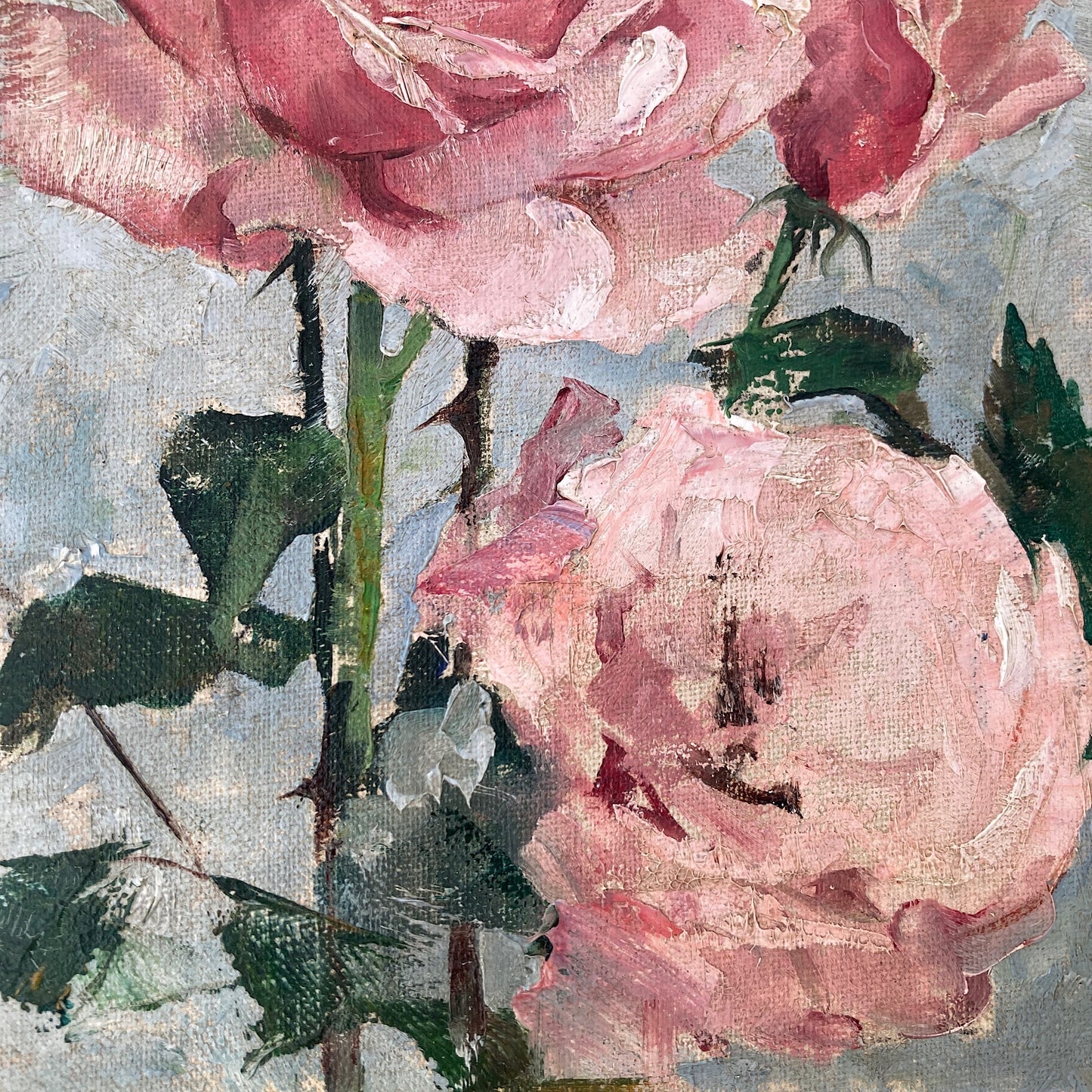 Roses Oil Painting by Nan Greacen – Impressionist Floral Still Life (Circa 1950)