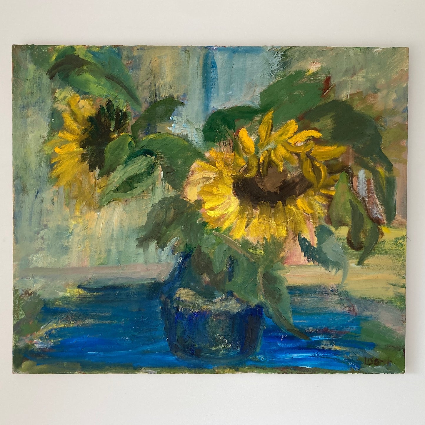 Sunflowers - Vintage European Original Still Life Oil Painting of Sunflowers in a Vase
