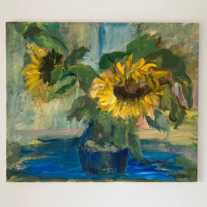 Sunflowers - Vintage European Original Still Life Oil Painting of Sunflowers in a Vase