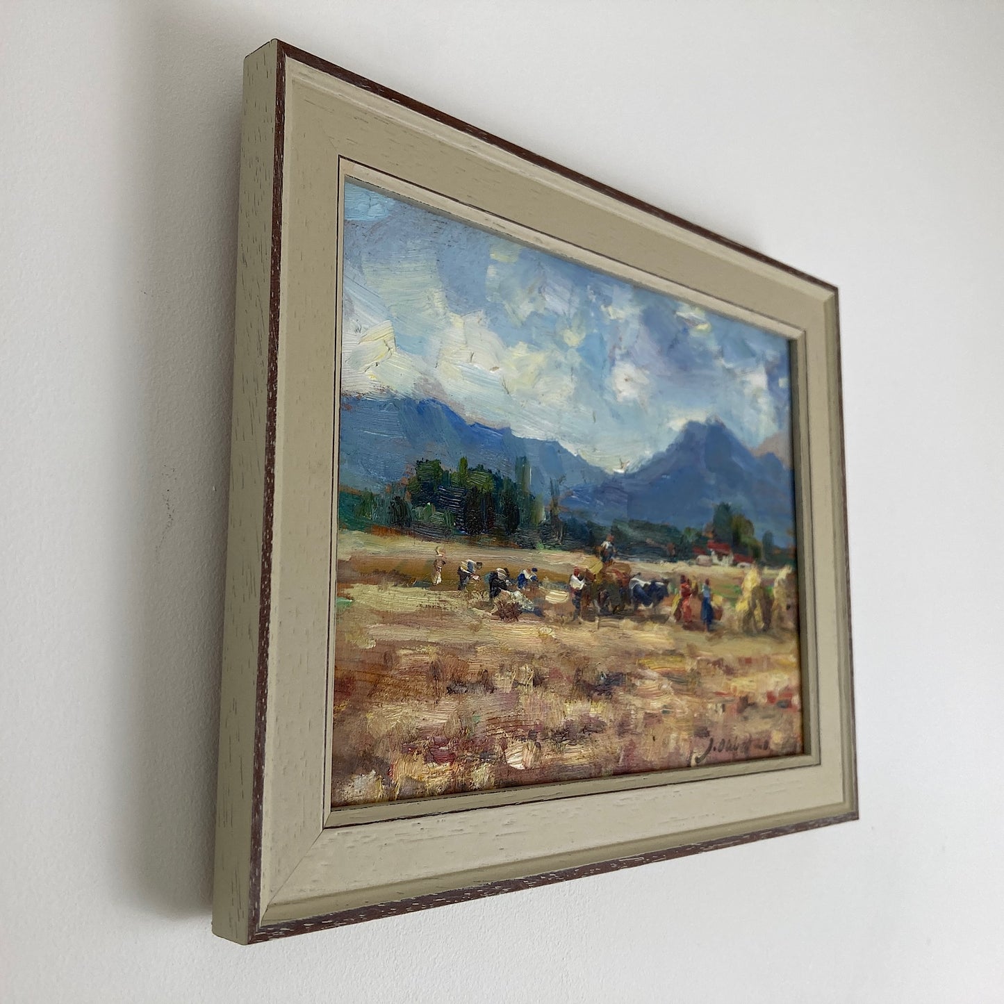 Harvest Time - Small Original Vintage Spanish Oil Painting of a Golden Landscape