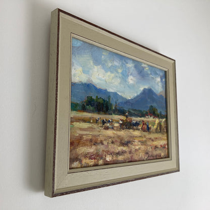 Harvest Time - Small Original Vintage Spanish Oil Painting of a Golden Landscape