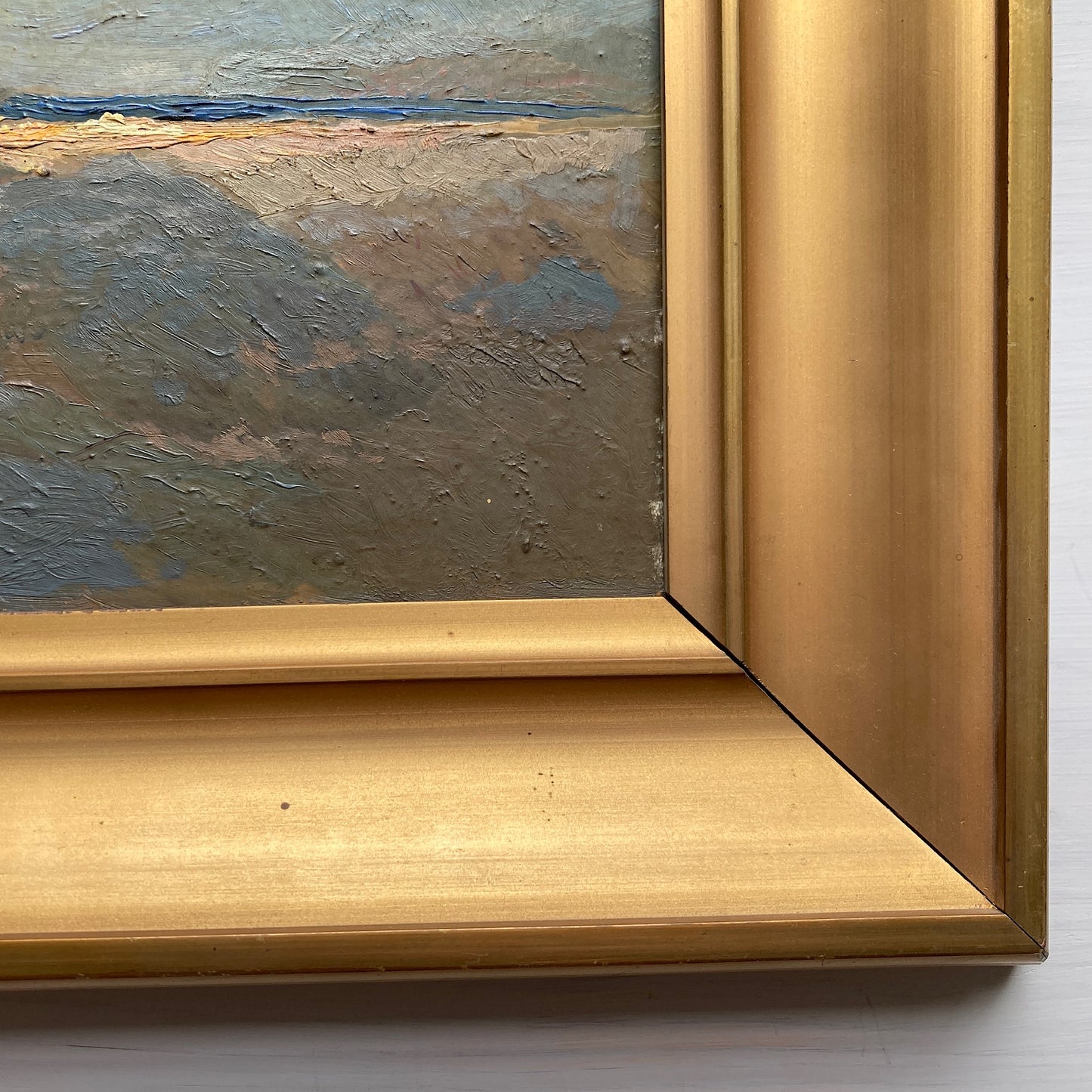 Sunlight on the Shore - Vintage Scandinavian Oil on Board Framed Painting of the Last Sun on a Beach Shoreline