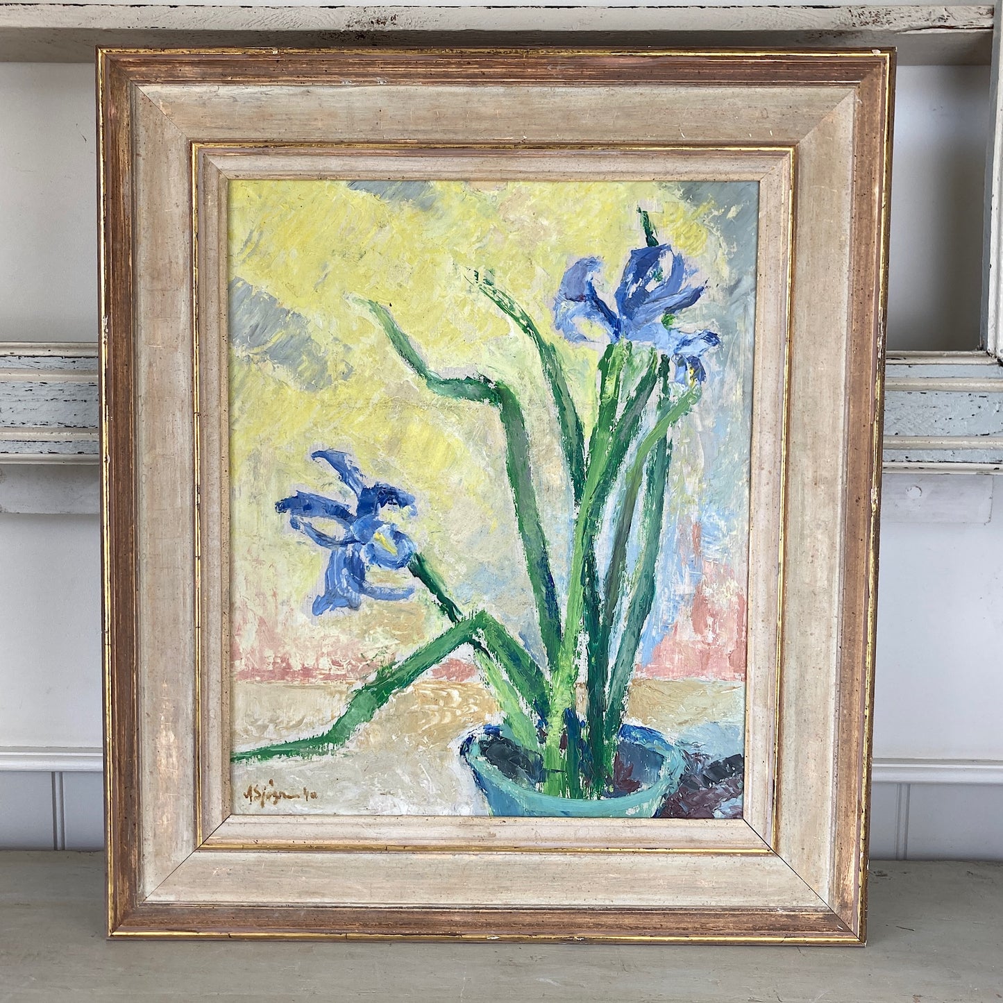 Impressionist Vintage Painting Oil on Board of Iris Flowers in a Still Life Composition Scandinavian Vintage Framed Original Art Dated 1940