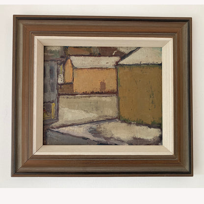 Mid Century Scandinavian Street View Oil Painting – Original Vintage Art