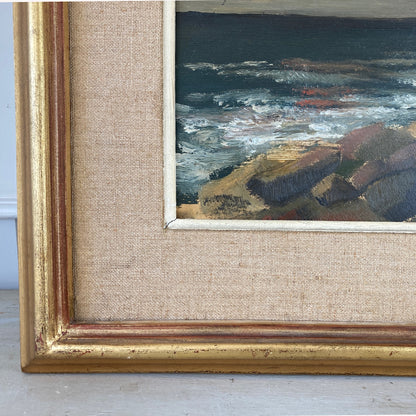 Evening Coast - Vintage Scandinavian Mid Century Oil on Board Framed Painting of Waves on Rocks under an Evening Sky