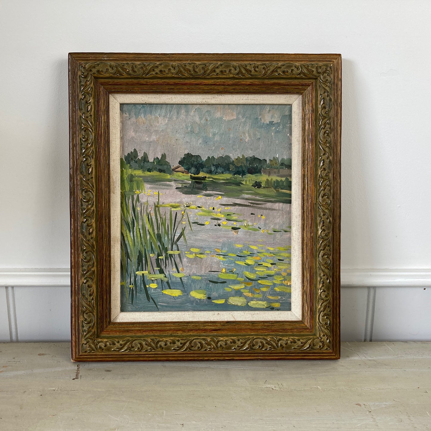 Waterlilies - Small Antique Original European Impressionist Oil Painting of a River Scene