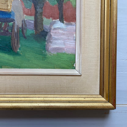 The Painted Cart - A MID CENTURY Oil on Board of a Summer Country Scene - Scandinavian Vintage Framed Painting