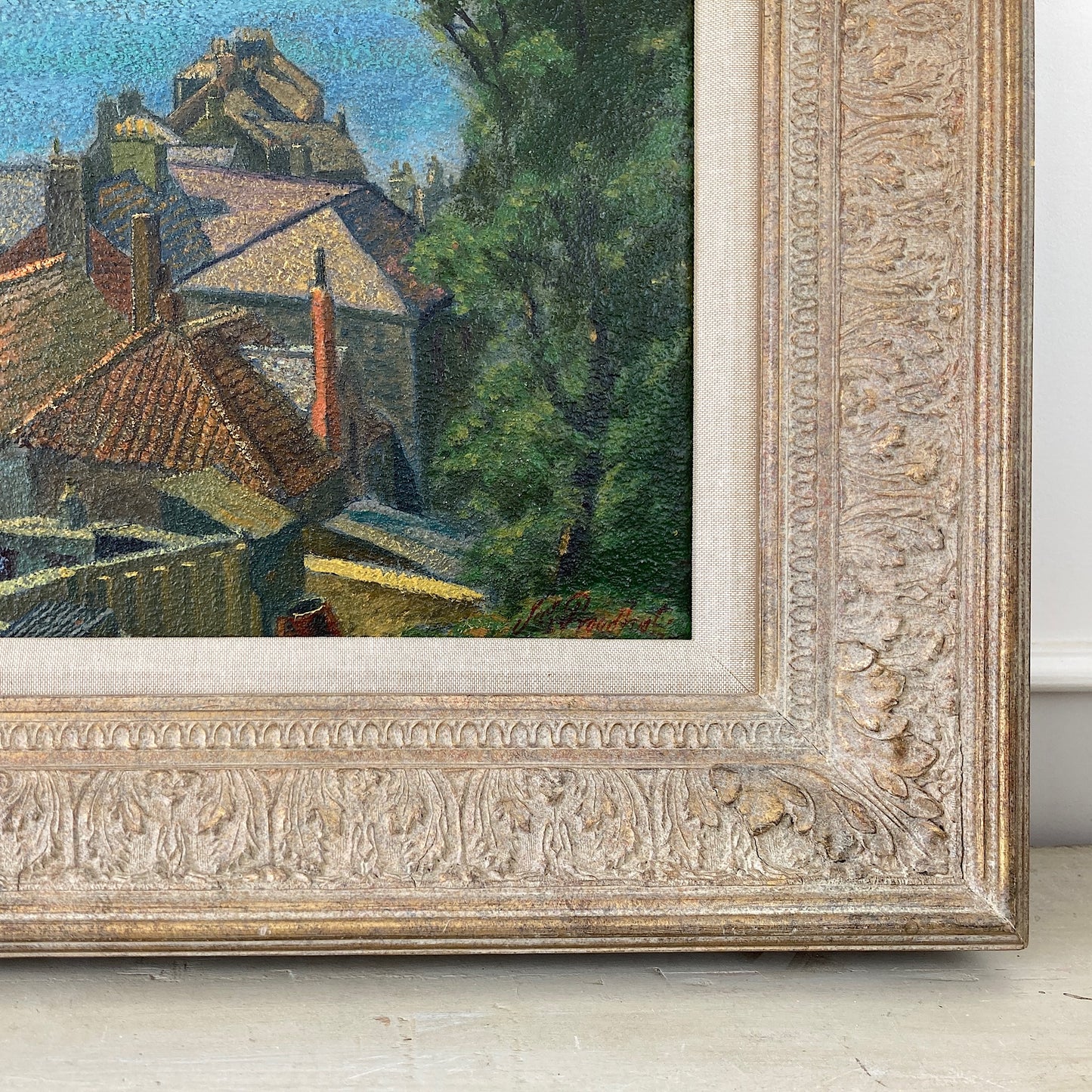 Rooftops to the Sea – British Vintage Oil on Board Framed Painting