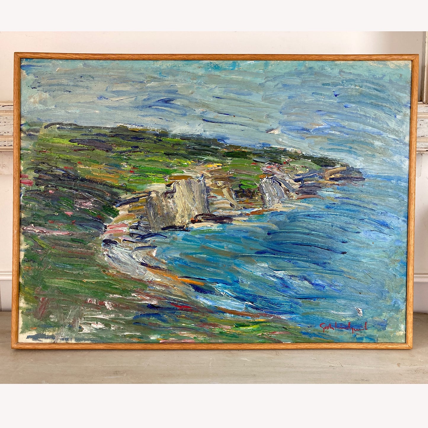 Impressionist Coast - Large Swedish Coastal Landscape of Falaise de Pourville Original Framed Oil Painting in the Scandinavian Modern Style