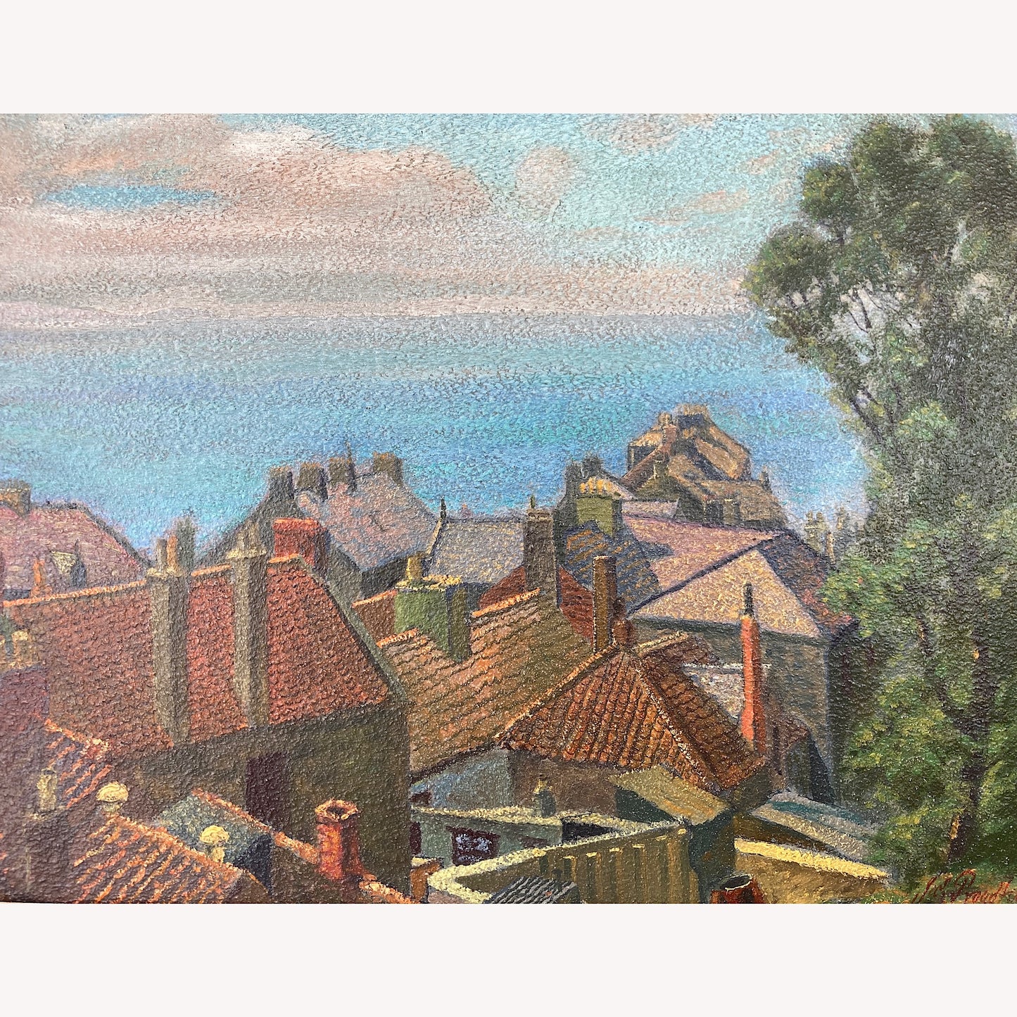 Rooftops to the Sea – British Vintage Oil on Board Framed Painting