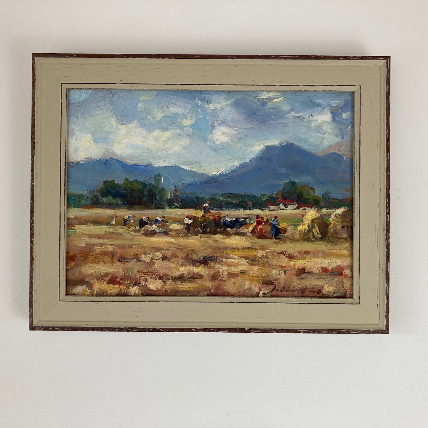 Harvest Time - Small Original Vintage Spanish Oil Painting of a Golden Landscape