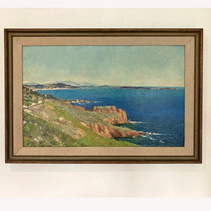 Cote d’Azure - Vintage Oil on Canvas Board Coastline Painting of the Cote d’Azure France Dated 1957