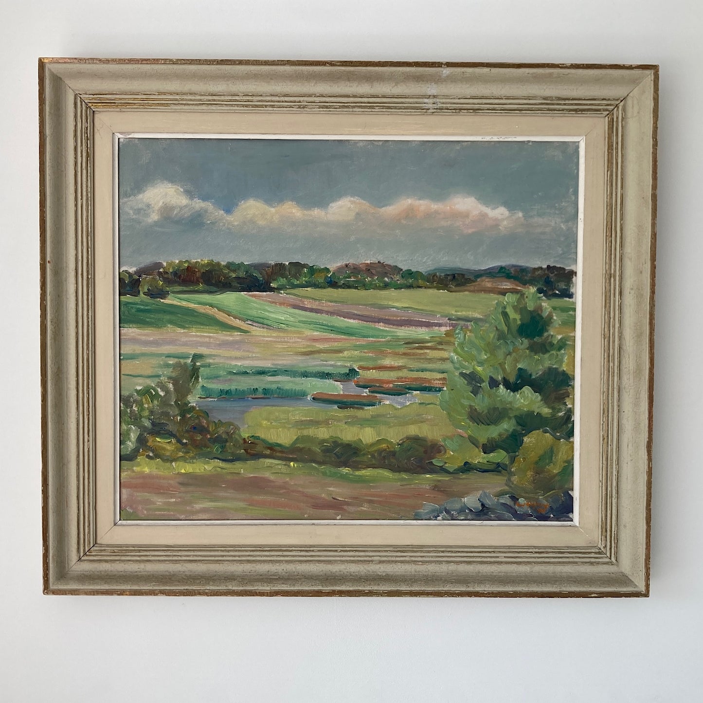 Summer Fields Landscape - Large Vintage Scandinavian Original Oil on Board Painting Dated 1939