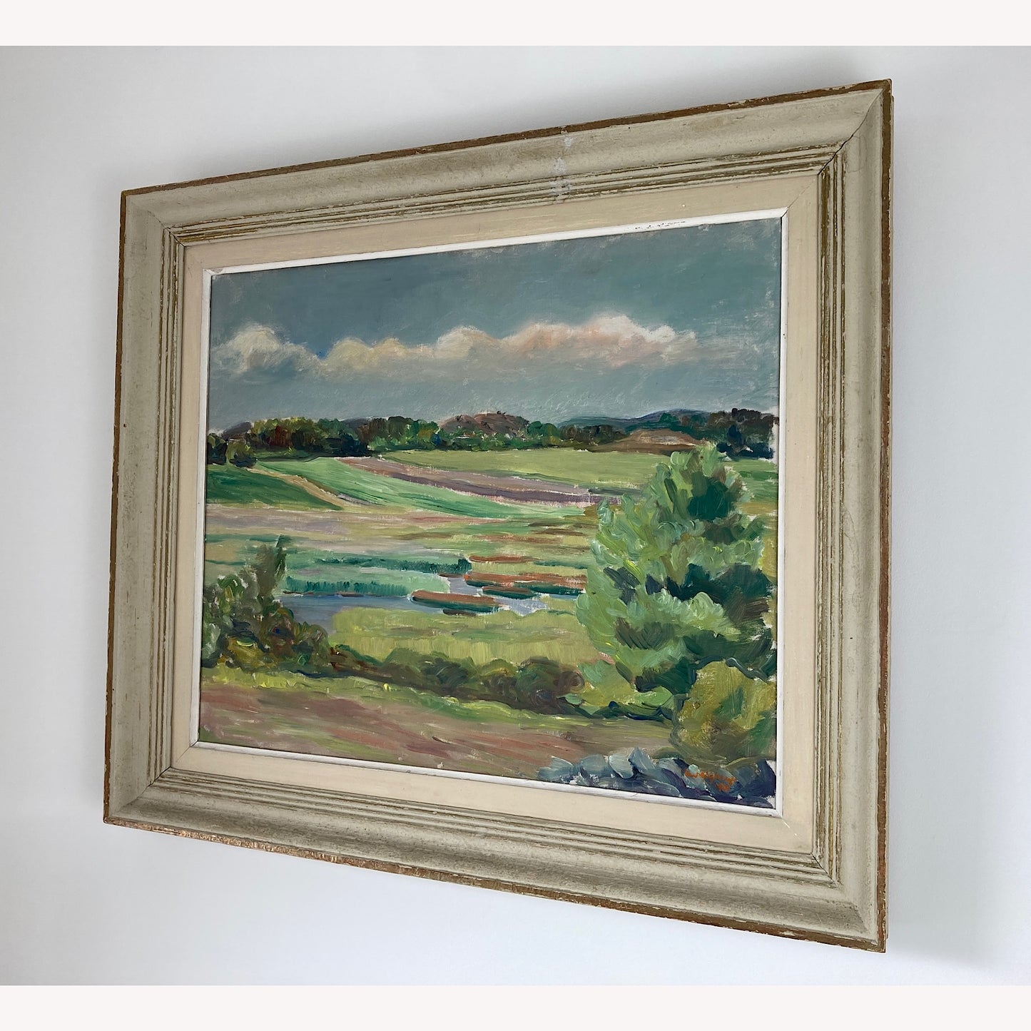 Summer Fields Landscape - Large Vintage Scandinavian Original Oil on Board Painting Dated 1939