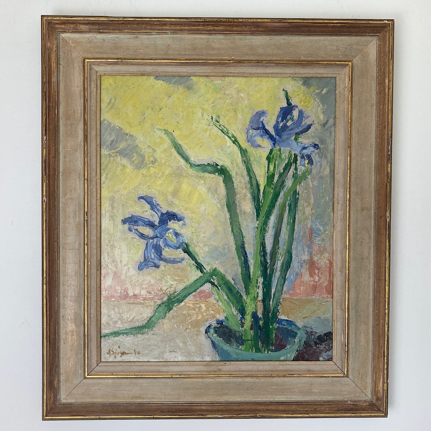 Impressionist Vintage Painting Oil on Board of Iris Flowers in a Still Life Composition Scandinavian Vintage Framed Original Art Dated 1940